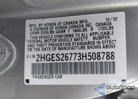 2003 Honda Civic Ex from USA, damaged, VIN 2HGES26773H508788
